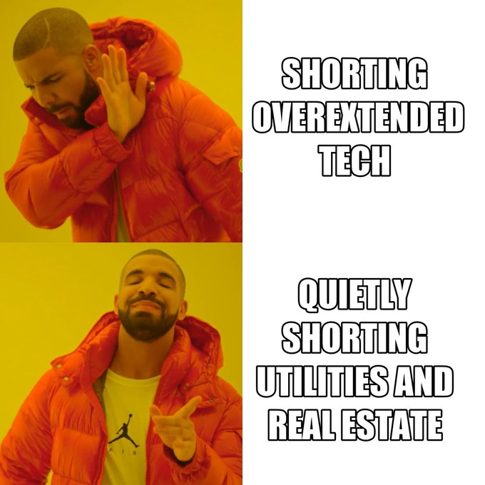 Drake meme with text 'SHORTING OVEREXTENDED TECH' (rejected) and 'QUIETLY SHORTING UTILITIES AND REAL ESTATE' (approved).