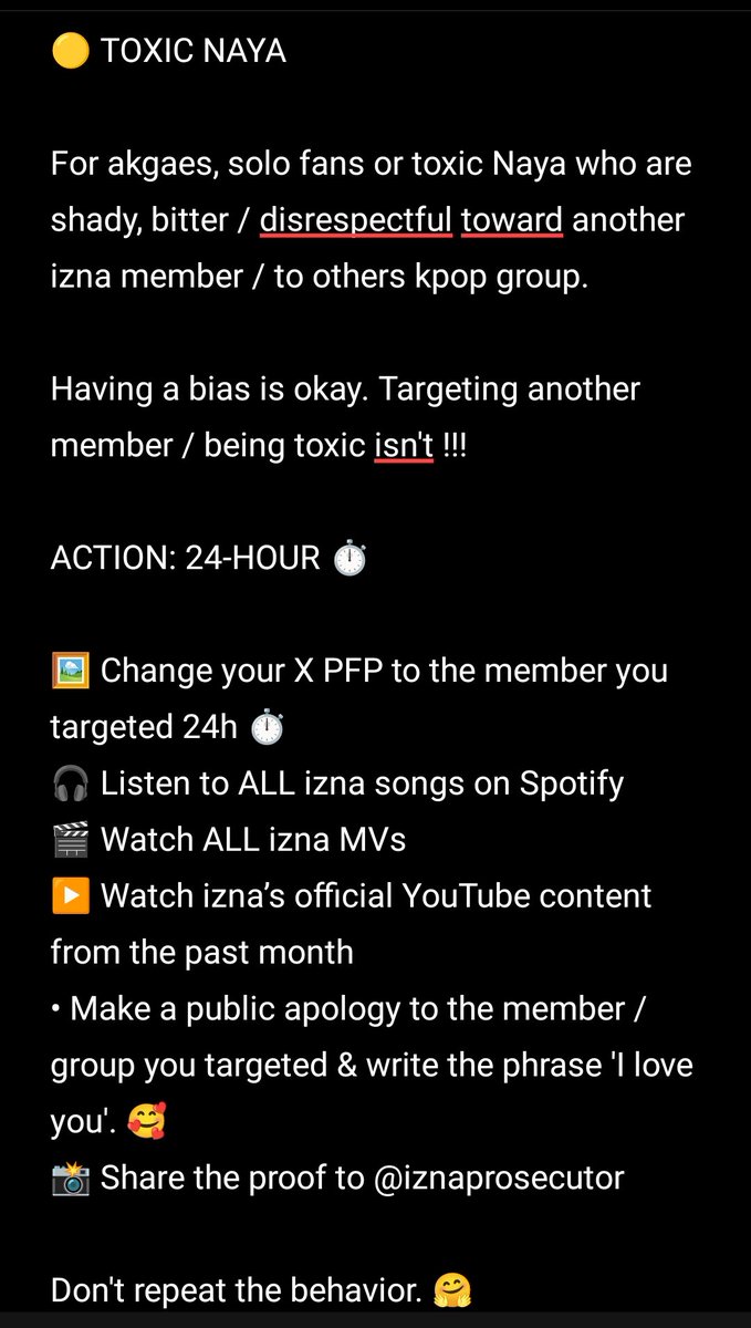 iznaprosecutor's tweet photo. Welcome to @iznaprosecutor  ⚖️ 🧑🏻‍⚖️👩🏻‍⚖️
Standing as a protective shield for @izna_offcl against online.

Our enforcement strategy is divided into three action tiers:
🔴 HATERS 🟡 TOXIC NAYA 🟢 NAYA JOKES

#izna #이즈나 #마이 #방지민 #코코 #유사랑 #최중은 #정새비
#iznaprosecutor  ⬇️👇🏻 https://t.co/EmtdTnEUI8