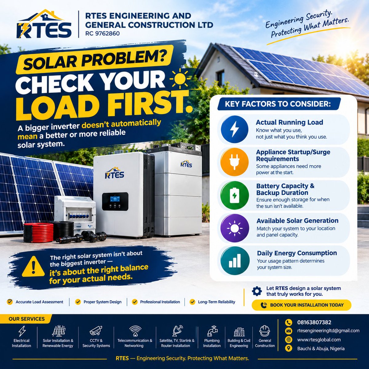 rtesglobal's tweet photo. ☀️ A bigger inverter doesn’t automatically mean a better solar system.

Proper solar design considers your actual load, startup demand, battery capacity, solar generation and daily energy consumption.

Assess first. Design correctly. Install professionally.

#RTES #SolarEnergy https://t.co/unknkikuh4