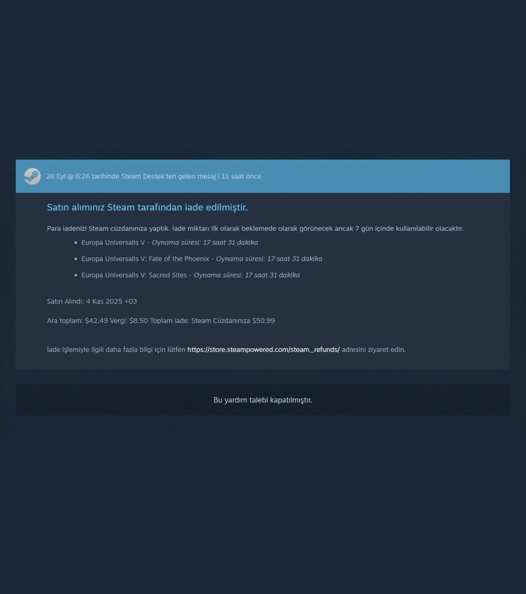 bpthaber's tweet photo. Türk Steam kullanıcıları, Paradox oyunlarını iade etmeye başladı.

— Steam'ın 2 hafta ve 2 saatlik standart iade koşullarını aşan bazı kullanıcılar, son yaşananları gerekçe göstererek yaptıkları iade taleplerinin kabul edildiğini belirtiyor. https://t.co/HM9yRAen2S