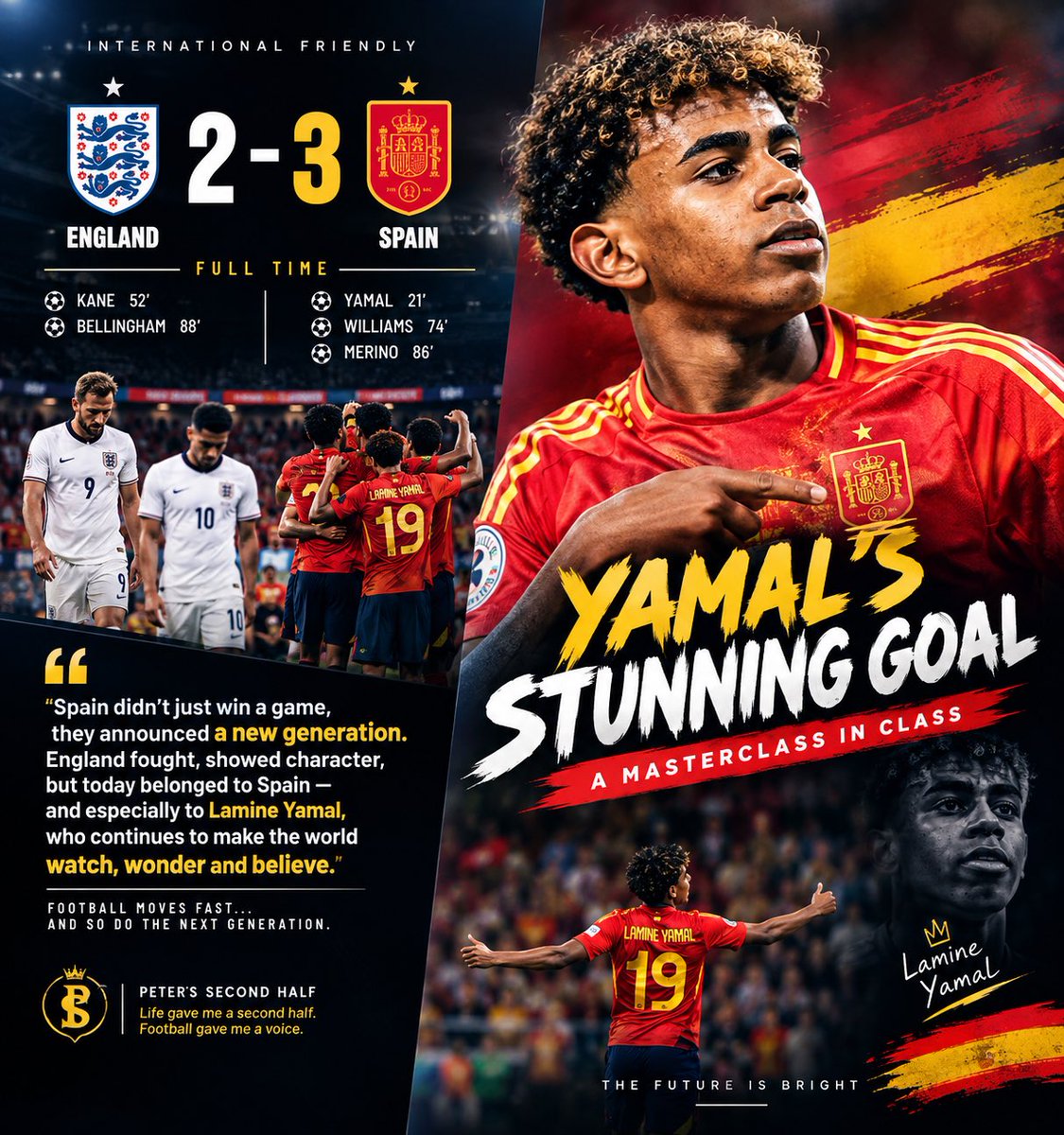 GODSAFEMEE's tweet photo. ENGLAND 2–3 SPAIN 🇬🇧🇪🇸

Spain got the win, but Lamine Yamal got the spotlight. 🔥

That goal was pure class — the kind of moment that reminds you why this kid is already being talked about among the game’s biggest stars. https://t.co/IimSJDYKtl
