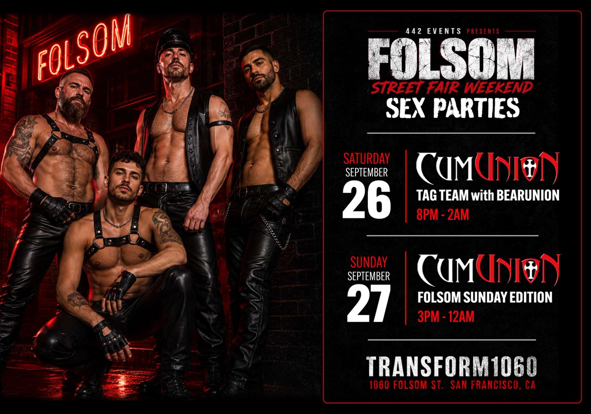 442Events's tweet photo. Folsom Weekend is just around the corner and we are excited to be joining forces with CumUnion and BearUnion to bring you two epic events...

➡️ Sat, Sept. 26th @ 8pm - 2am
🔥 CumUnion + BearUnion Tag Team
🎟️ Tickets: https://t.co/L2kl45RjVR

➡️ Sun, Sept. 27th @ 3pm - 12pm
⛓️ CumUnion Folsom Edition
🎟️ Tickets: https://t.co/WSUdWOuHE6

Both parties are held at 1060 Folsom St in San Francisco. Tickets are available both online and at the door.  For more info visit https://t.co/awPcGrFD8S and https://t.co/YtlRfEu7xK.

#Folsom2026 #gaysexparty #CumUnion #BearUnion