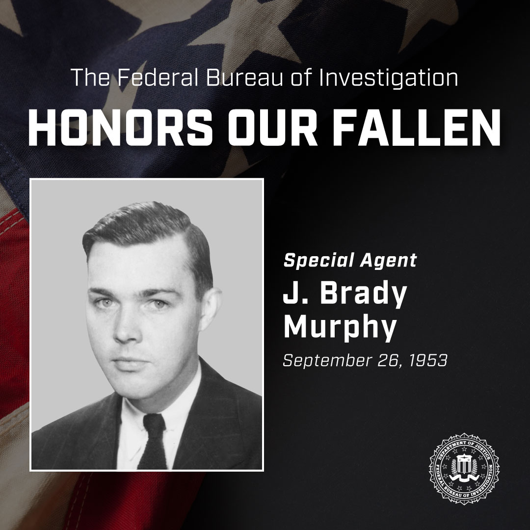 FBIPortland's tweet photo. The #FBI Wall of Honor remembers Special Agent J. Brady Murphy, who died September 26, 1953, following a gun battle in Baltimore, Maryland, one day earlier. https://t.co/tL0dCabEDE https://t.co/quux6HYJE5