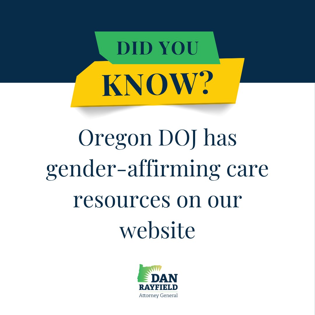 AGDanRayfield's tweet photo. Oregon is a place where everyone, regardless of their gender identity, deserves to live with dignity and respect.

Our Gender Affirming Care Resources webpage provides support, resources, and information to help you know and assert your rights. Learn more: https://t.co/jQANvJdY22 https://t.co/ZT171BZbXt