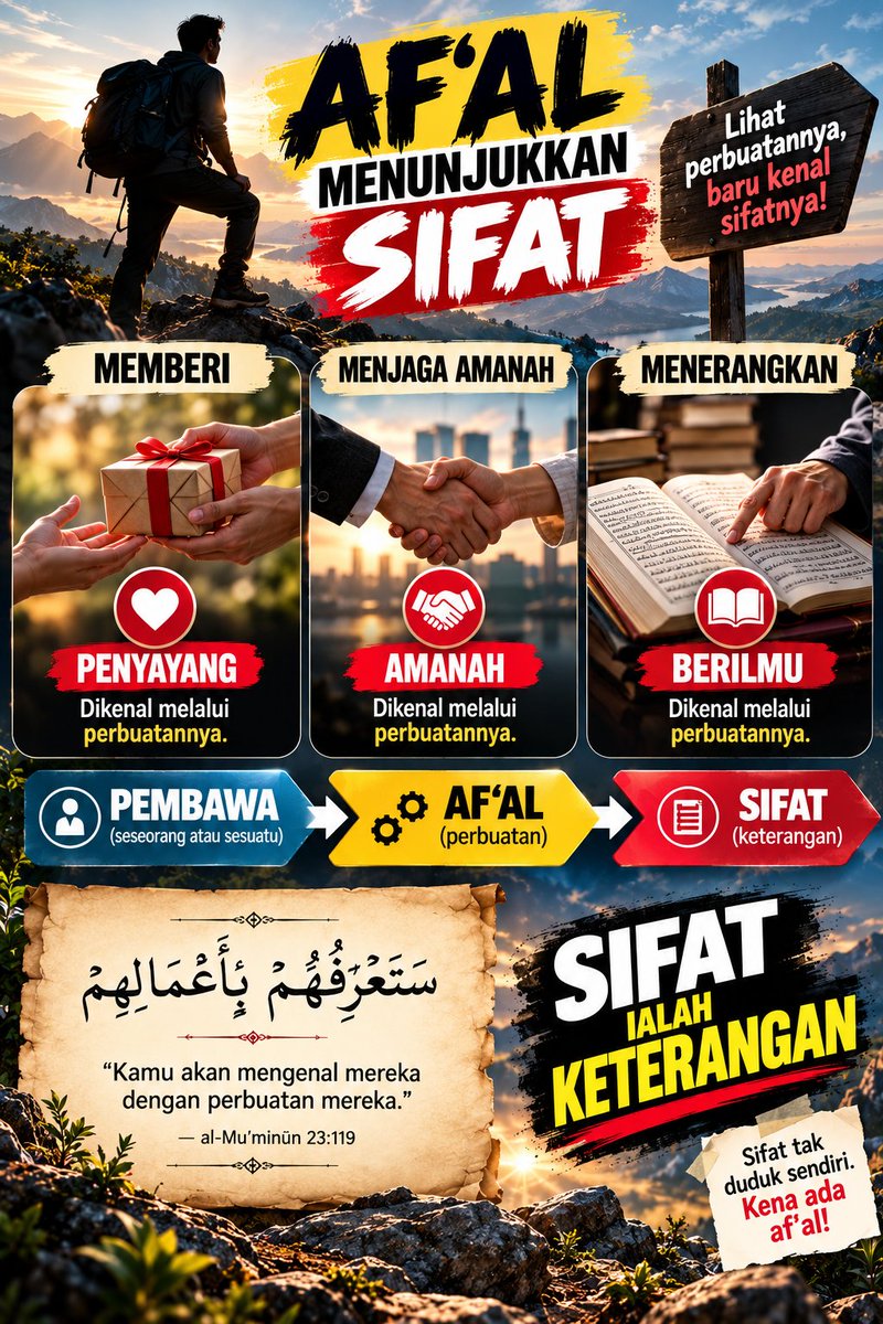 Fatan_1727's tweet photo. AF‘AL MENUNJUKKAN SIFAT

🎁 Memberi → penyayang
🤝 Menjaga amanah → amanah
📖 Menerangkan → berilmu
PEMBAWA → AF‘AL → SIFAT

“Lihat perbuatannya, kenal sifatnya.”

Sifat ialah keterangan, bukan sesuatu. https://t.co/XEGqUYSnXa