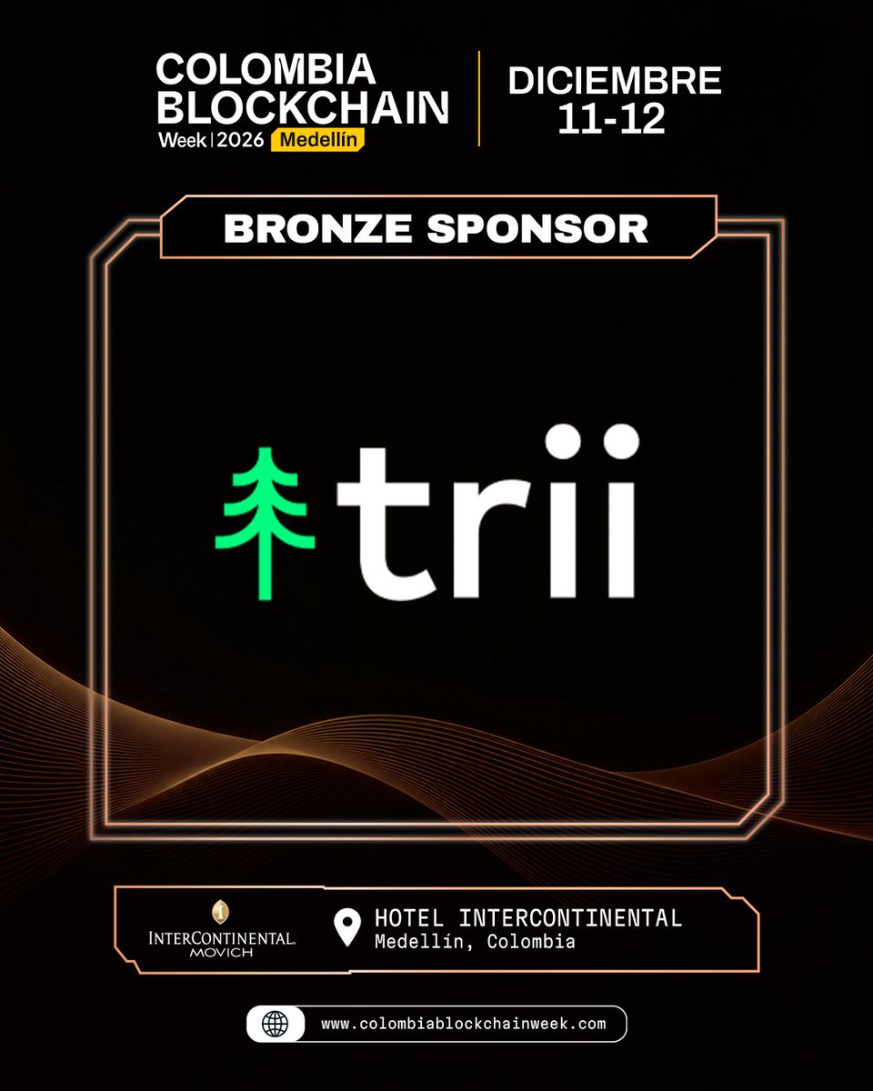 cbweek_oficial's tweet photo. 📣 @somostrii se une a Colombia Blockchain Week 2026 como BRONZE SPONSOR 🇨🇴🚀
📈 Plataforma de inversión con acceso a acciones, ETFs, fondos y CDTs desde celular o computador.
📅 11 & 12 dic
📍 InterContinental Medellín
#CBWEEK #trii https://t.co/8MoigBOAx1