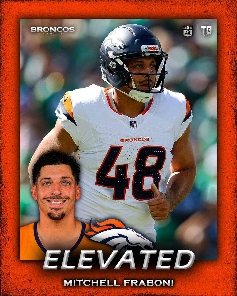ProSnapTracker's tweet photo. ELEVATED:

The Broncos have Elevated Mitchell Fraboni (@fraboni_44) from their Practice Squad. This will count as Fraboni's 3rd and final elevation this season.

#MitchellFraboni #Broncos #LongSnap #LongSnapper #LongSnapping #Football #Pro #NFL https://t.co/8kbtG2tGUU