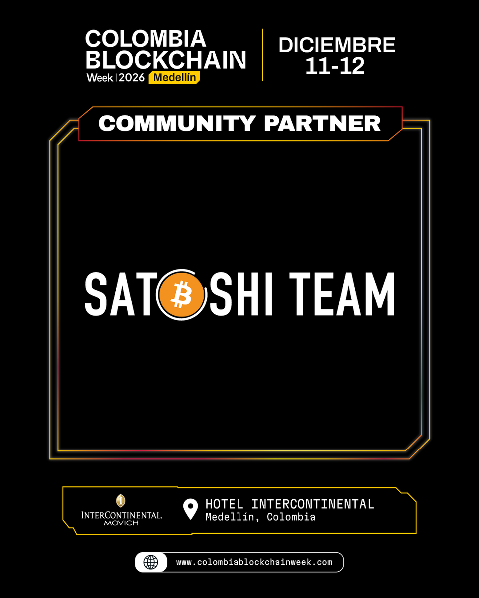 cbweek_oficial's tweet photo. 🙌 @satoshiteam_ se suma como Community Partner de Colombia Blockchain Week 2026 🇨🇴
🟠 Fundación colombiana que impulsa educación sobre Bitcoin mediante cursos, eventos, contenido y brigadas educativas.
📅 11 &amp; 12 dic
📍 InterContinental Medellín
#CBWEEK https://t.co/WmjPt2wuoM