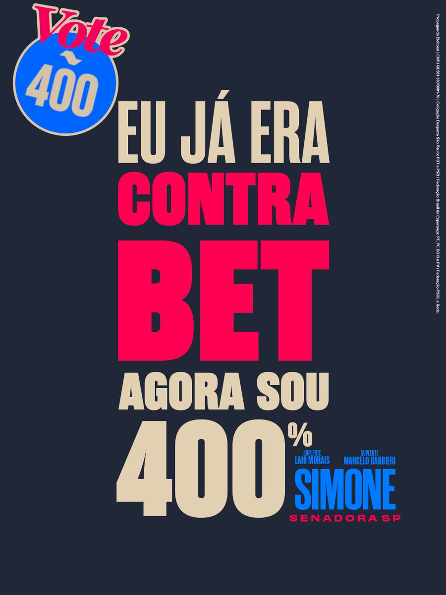 simonetebetbr's tweet photo. Eu já era 100% contra as bets. Agora estou 4️⃣0️⃣0️⃣% feliz pelo fim delas! 💙

É uma vitória para as famílias brasileiras. Mas o trabalho continua: precisamos enfrentar os prejuízos deixados pelas apostas e proteger quem mais precisa.

📲 Compartilhe!

Simone Senadora 4️⃣0️⃣0️⃣✅

Coligação Desperta São Paulo — PDT e PSB / Federação Brasil da Esperança — PT, PCdoB e PV / Federação PSOL e Rede. CNPJ 68.581.880/0001-70

#SimoneSenadora #Simone400