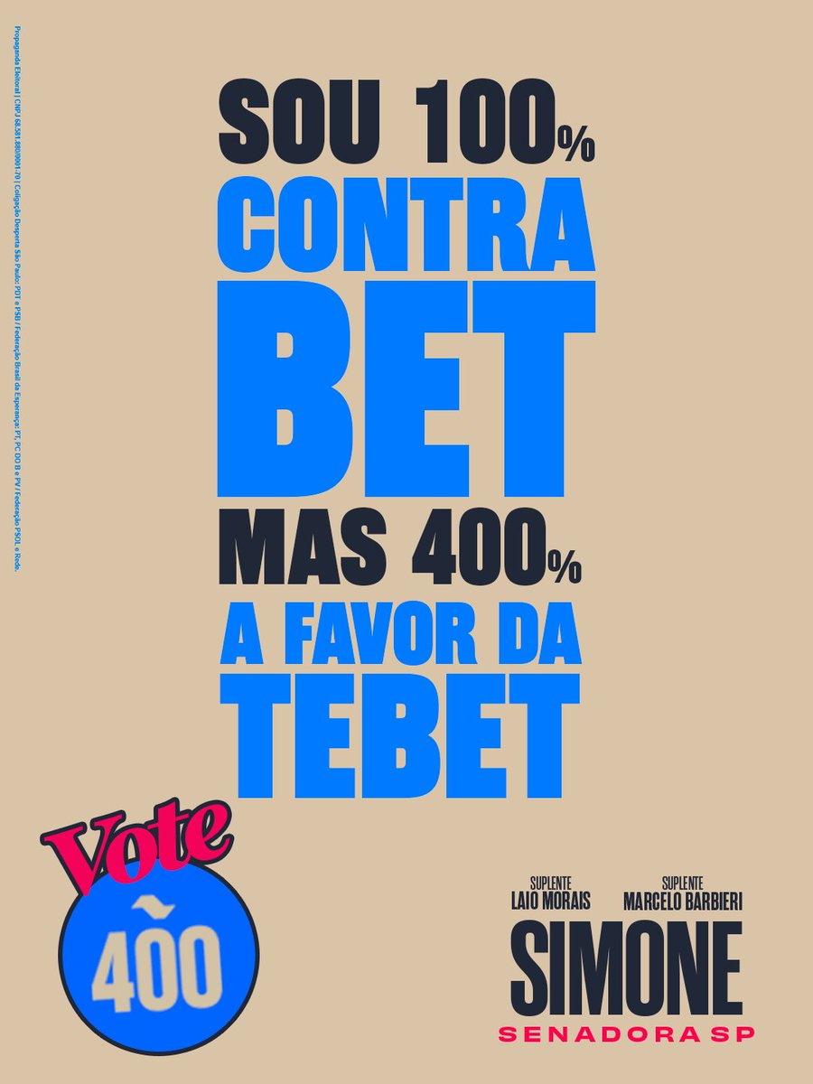 simonetebetbr's tweet photo. Eu já era 100% contra as bets. Agora estou 4️⃣0️⃣0️⃣% feliz pelo fim delas! 💙

É uma vitória para as famílias brasileiras. Mas o trabalho continua: precisamos enfrentar os prejuízos deixados pelas apostas e proteger quem mais precisa.

📲 Compartilhe!

Simone Senadora 4️⃣0️⃣0️⃣✅

Coligação Desperta São Paulo — PDT e PSB / Federação Brasil da Esperança — PT, PCdoB e PV / Federação PSOL e Rede. CNPJ 68.581.880/0001-70

#SimoneSenadora #Simone400