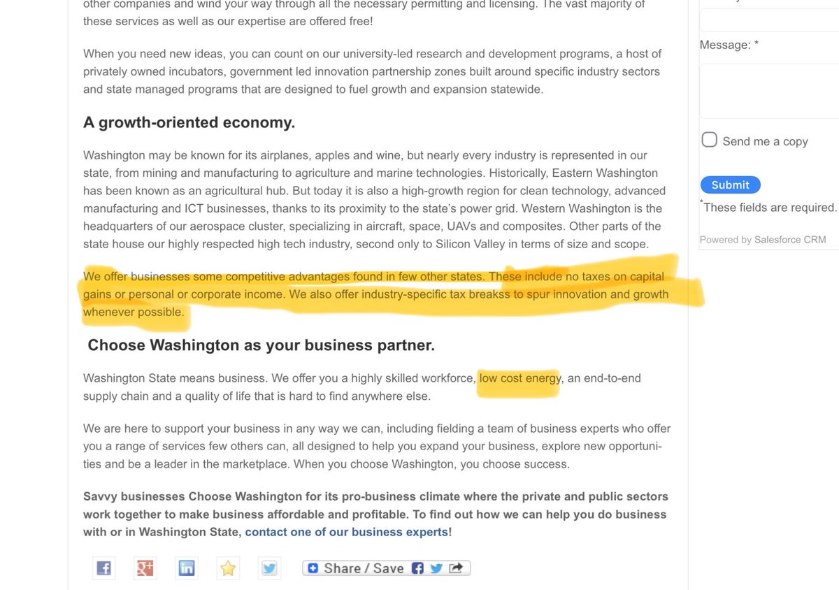 bkheywood's tweet photo. WA State made a Promise 

17 years ago my business partners and I decided CA was not good for our employees or our business.  We looked around for alternative solutions.  

WA state came up on our radar with a promise directly on the State Department of Commerce Website.  

“We offer businesses some competitive advantages found in few other states. These include no taxes on capital gains or personal or corporate income. We also offer industry-specific tax breakss to spur innovation and growth whenever possible.”

So we moved 40 families up to WA and established roots.  

WA state’s economic success can absolutely be attributed to this business friendly approach that brought talent , technology, innovation, entrepreneurs, and jobs from all over the globe.  I was thinking about this the other day wondering  if I could find a screen shot of that promise the legislature has now trampled on.  The interwebs are forever.

Vote Yes on I-645 To repeal the income tax and help Olympia keep the promise it made to thousands of businesses that chose Washington as their home.
