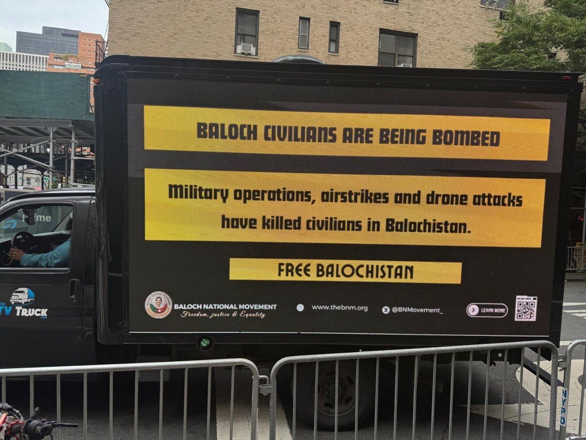BNMFootages's tweet photo. BNM Digital Truck | New York | 25 September 2026

During UNGA 81, BNM took the Balochistan issue onto New York’s streets. A digital truck moved through busy roads and public spaces, carrying messages on enforced disappearances, military actions, arrests of activists and women, destroyed homes, and the plunder of natural resources.

The aim was simple: put Balochistan in front of diplomats, journalists, and the city itself  and break the silence.

Sami Baloch, President, BNM USA: the campaign was meant to take Balochistan’s message to as many people as possible, and to tell the world what is happening.

#BNMinUSA 
#BNMatUN 
#BNMGlobalCampaign