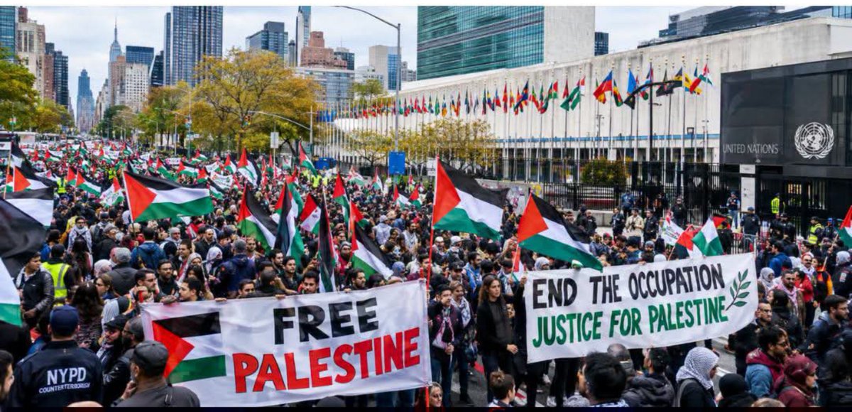 Kathyo72l's tweet photo. Outside the UN in New York City, crowds carried 'Globalize the Intifada' banners and pledged 'By Any Means Necessary.' American streets are not the place for this. Arrest them. https://t.co/I2D9Xy0Dxo