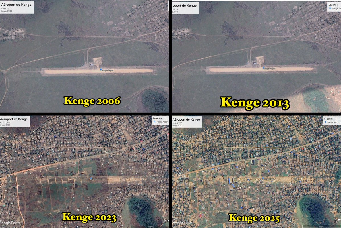 KamitatuEtsu's tweet photo. Kenge. 2006. 2013. 2023. 2025.
Ce ne sont pas 4 images. C’est la radiographie d’un État qui recule. Entretemps, la dette publique a triplé pour atteindre 18,6 Mds $ en 2026. 
Beaucoup plus d’argent. Beaucoup moins d’État. 
Voilà le bilan que racontent ces images ! https://t.co/z3ZYDmFCQ6
