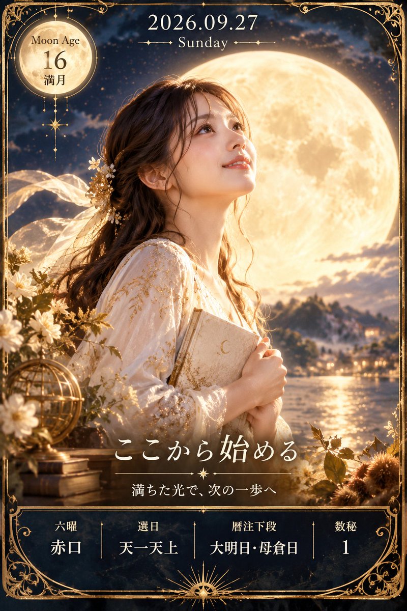 s_e_n_chan's tweet photo. 日付：2026年9月27日（日）
六曜：赤口
選日：天一天上
暦注下段：大明日・母倉日
数秘：1
月齢：16（満月）

今日の流れ：
今日は「満ちたものを、自分らしい次の一歩へつなぐ」がテーマ。満月のタイミングは、ここまで積み重ねた努力や気持ちを振り返り、成果を受け取る節目になりそうです。数秘1は新しい方向へ踏み出す力を後押し。天一天上の伸びやかな気配に、大明日の明るさと母倉日の育む温かさが重なります。一方、赤口の日は勢いだけで決めず、確認をひとつ挟む意識を。終えることと始めること、その両方を丁寧に扱うほど流れが整います。

感情テーマ：
「できたこと」を認め、自分への信頼を次の意欲に変える。

伸びやすいこと：
新しい計画の方向性を決めること。移動や環境の変化にも目を向け、心が明るくなる選択を一つ具体化すると前進しやすい日です。

注意点：
焦りから即断しないこと。特に熱を扱う場面や刃物を使う作業では、急がず丁寧さを優先して。

ラッキーカラー：ムーンゴールド
ラッキーアイテム：新しいノート
ラッキーフード：栗ごはん
ラッキーワード：「ここから始める」

開運アクション：
朝、これまでに達成できたことを3つ書き、その中から「次に育てたいもの」を1つ選んで最初の行動まで決めてみて。

今日のひとこと：
満ちた光は、次のスタートを照らしてくれる。