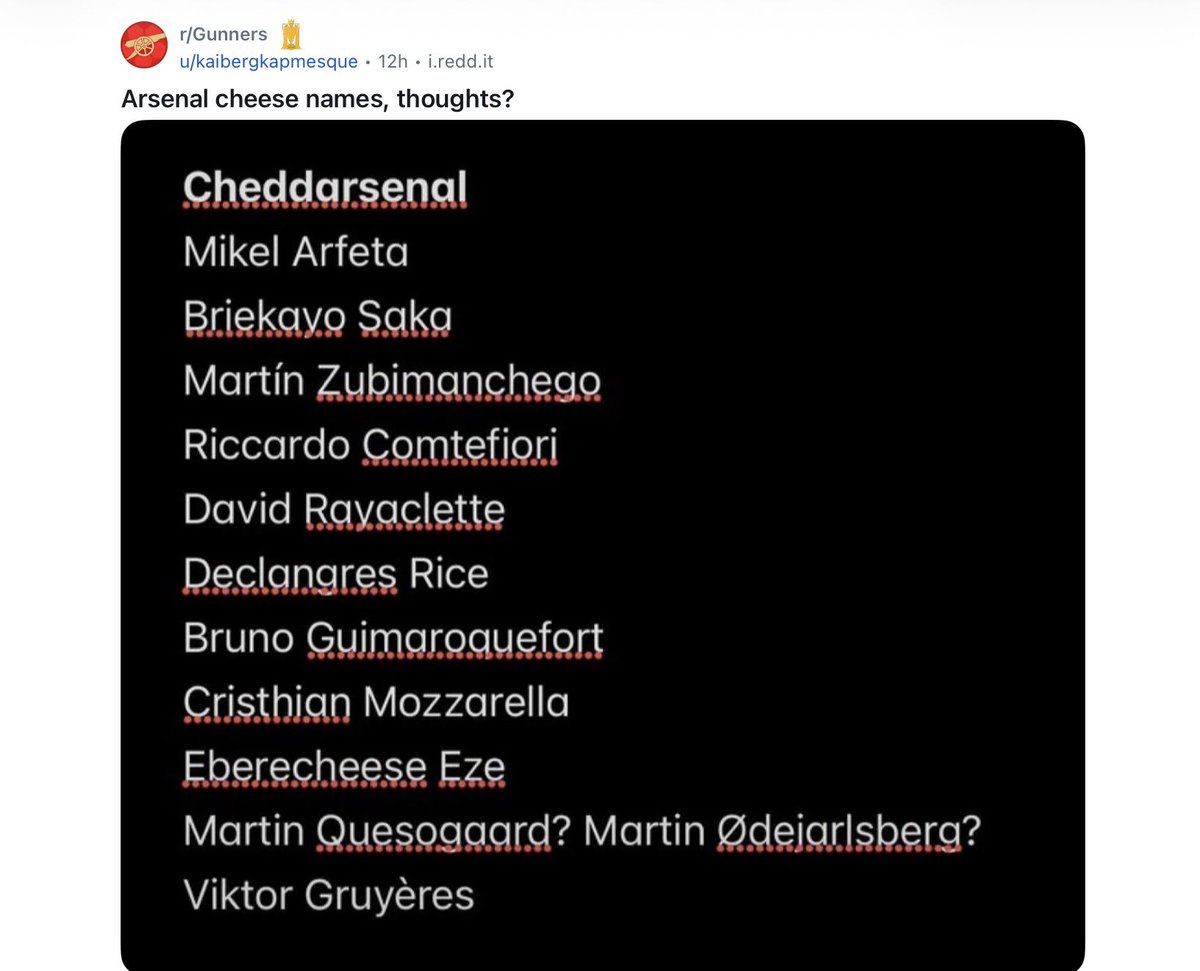 Arsenalnewschan's tweet photo. Manchester City fans are losing their minds this international break whilst #Arsenal fans are naming their players after different types of cheese…what a time to be alive 😂🧀 https://t.co/IUy6FJcCPb