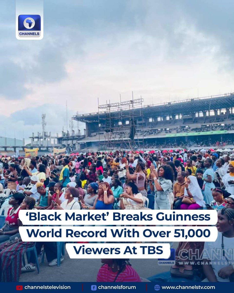 channelstv's tweet photo. Nollywood crime thriller Black Market has broken the Guinness World Record for the largest attendance at a film screening in a single location, with more than 51,000 people watching the movie at Tafawa Balewa Square (TBS), Lagos.

The record-breaking screening took place on Saturday as thousands of movie lovers gathered at the Lagos venue for the highly anticipated premiere.

https://t.co/n1nsBSifRx