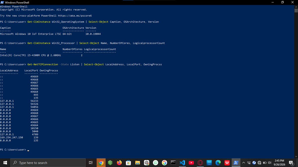 JoshE16994's tweet photo. @MicrosoftLearn 💻 PowerShell Enumeration:
• Tested it hands-on! My lab environment runs Windows 10 IoT Enterprise.
• Ran network commands and saw listening ports like 445 &amp; 135 wide open. Real eye-opener for hidden entry points!
On to Day 7! 🚀 #CyberSecurity #the_cyberForge (4/4) https://t.co/sD6pgdVyGq