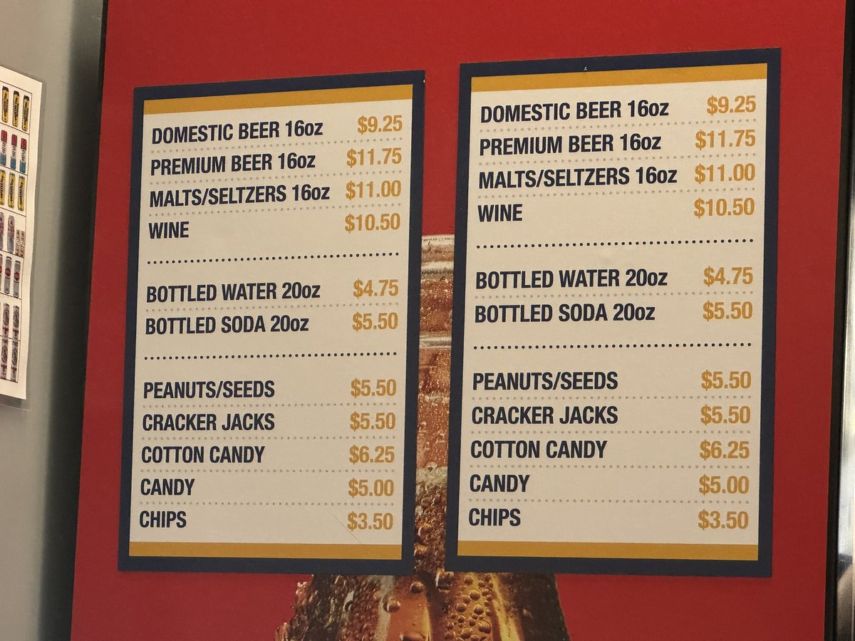 EricBaileyTW's tweet photo. Beer prices at West Virginia (and I was secretly hoping I would see “moonshine” for sale)
#reportin
#OkState at West Virginia, 6pm CT, FS1 https://t.co/qsf6AESkZl