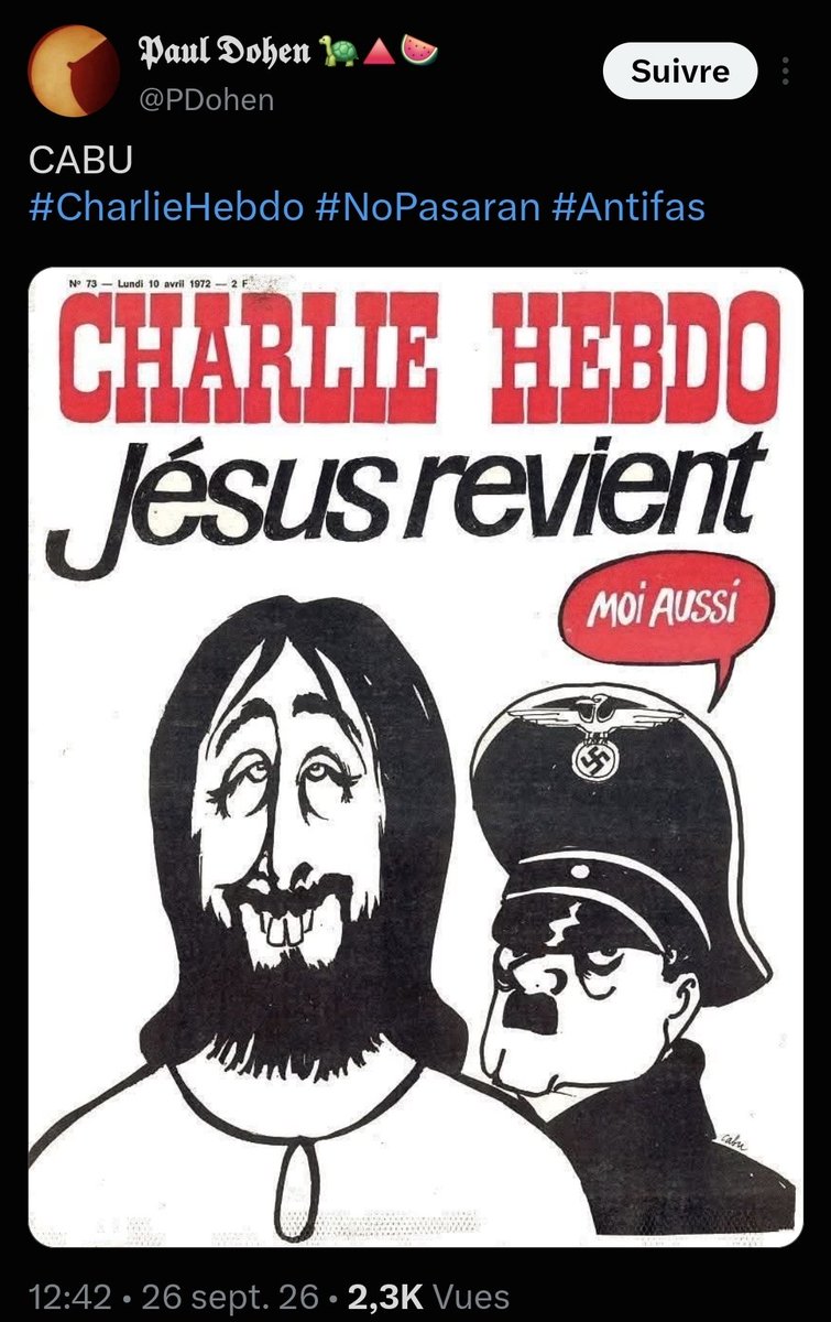 lelapindufutur's tweet photo. Cabu qui, rappelons-le a été assassiné ni par un fou de Jésus ni par un fou d'Hitler. https://t.co/lf5yXHLi0o