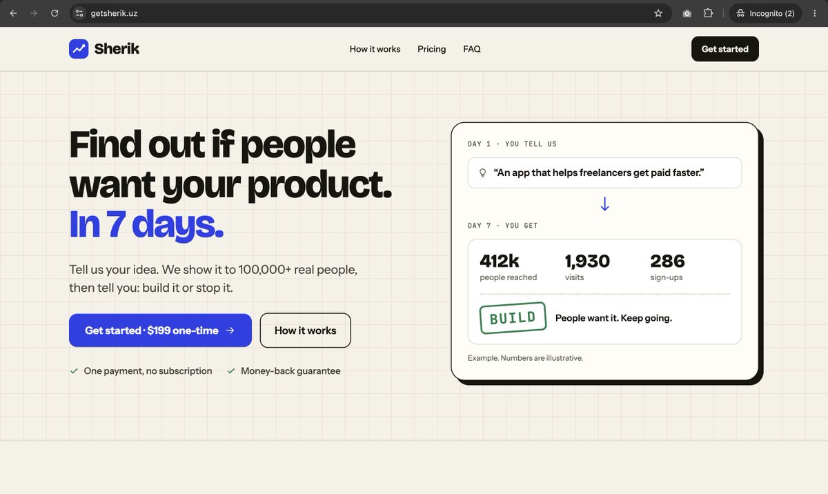 engineer_murod's tweet photo. You can build anything now.

Validating it still takes months.

I’m building a product and how it works:

-> You tell us about your product.

-> 7 days later, we tell you whether to BUILD / PIVOT / STOP the project.

We will automate the whole idea validation process: creating a landing page, running Meta ads, making creatives and videos, and writing Reddit + X posts.

We target 1M+ impressions across different channels
We guarantee 100k+ impressions and early users with useful feedback.

Check website and join waitlist : https://t.co/ZS1MxKUTIB

We are launching soon.