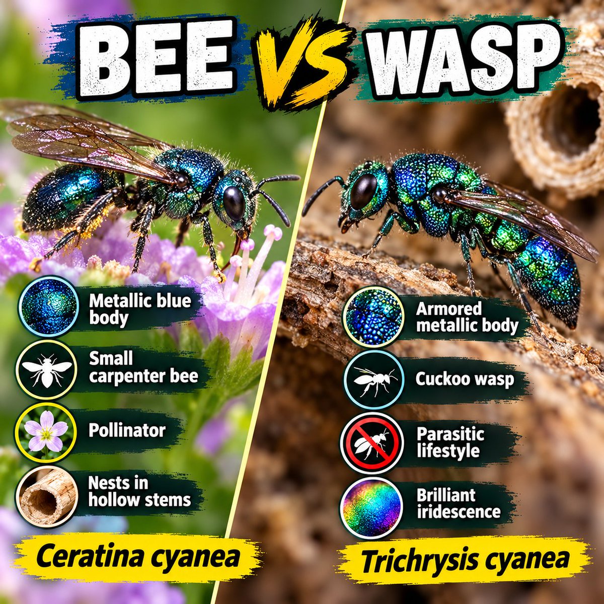 Naturetofly's tweet photo. Bee or wasp? 🐝⚡ Ceratina cyanea and Trichrysis cyanea shine with the same metallic blue-green glow, but they live very different lives. One is a tiny pollinator that nests in hollow stems, while the other is a jewel-like cuckoo wasp with a parasitic lifestyle. Same brilliance, different roles in nature. Which one fooled you first?
#BeeVsWasp #InsectWorld #NatureFacts