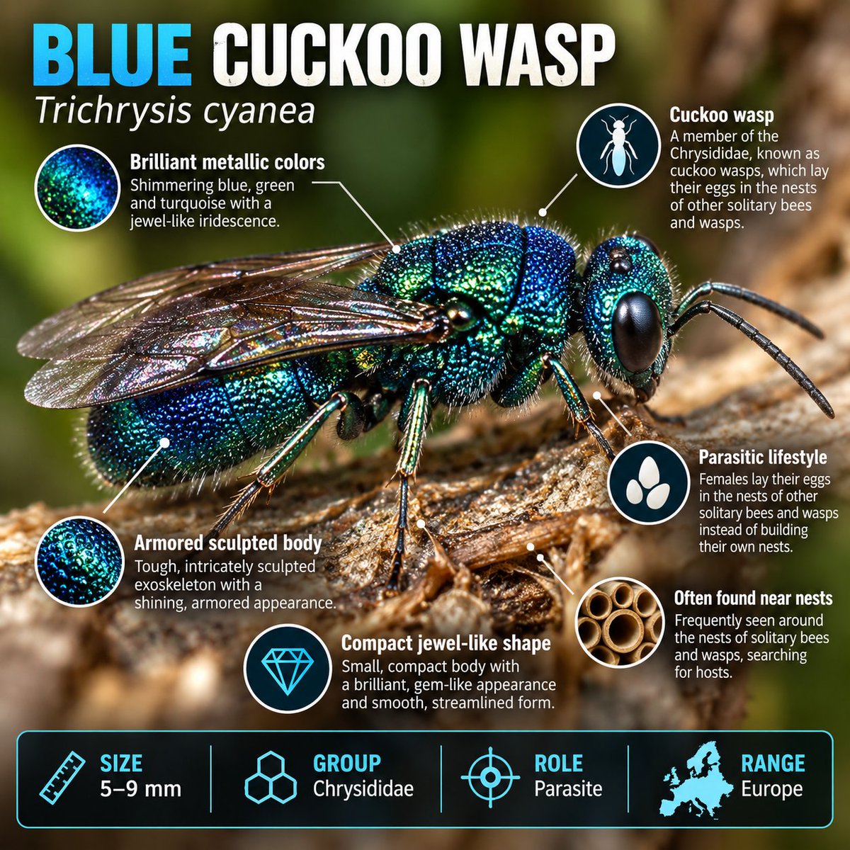 Naturetofly's tweet photo. Bee or wasp? 🐝⚡ Ceratina cyanea and Trichrysis cyanea shine with the same metallic blue-green glow, but they live very different lives. One is a tiny pollinator that nests in hollow stems, while the other is a jewel-like cuckoo wasp with a parasitic lifestyle. Same brilliance, different roles in nature. Which one fooled you first?
#BeeVsWasp #InsectWorld #NatureFacts