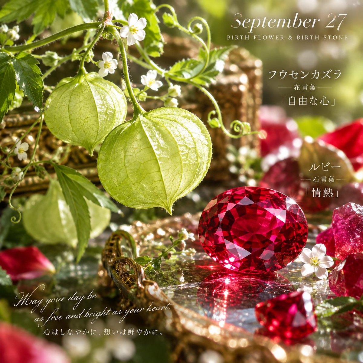 s_e_n_chan's tweet photo. 9月27日の誕生花は、ふわりと風に揺れるフウセンカズラ🌿

花言葉は「自由な心」。

風船のような実が、さらさら、ゆらゆらと風を受ける姿に、軽やかな心の景色を重ねます。

そして誕生日石は、深紅の輝きを宿すルビー💎

石言葉は「情熱」。

透明な光の中できらりと燃える赤と、やわらかな緑が静かに出会い、自由と情熱がひとつの世界に溶け合います✨

心はしなやかに、想いは鮮やかに。

今日という特別な一日が、自分らしい未来へ続く美しい始まりになりますように🎂🌿

#9月27日 #誕生花誕生日石

Created with GPTs by @mido_lucci
