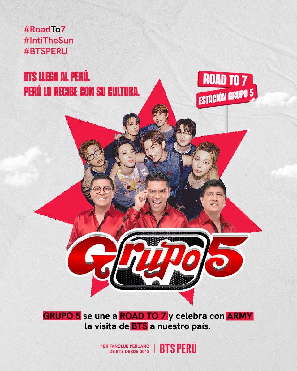 bts_peru1's tweet photo. ¡Grupo 5 es parte de ROAD TO 7 y celebra junto a ARMY la llegada de BTS al Perú! 💜🇵🇪

Porque la visita de BTS la celebra todo el país, Grupo 5 se une a ROAD TO 7 para ponerle ritmo y sabor peruano a esta gran bienvenida.

🎧 STREAMING PARTY BTS × GRUPO 5: 
Día: Miércoles 30 de septiembre 
Hora: 7PM a 9PM
Lugar: Stationhead
Host especial: Christian Yaipén 😎

Únete y participa por 10 ARMY BOMB y 5 entradas dobles para ROAD TO 7: AFTER PARTY 🤩

y quién sabe, se vienen más sorpresas…

📲Síguenos en
BTS Perú Fanclub: @bts_peru @btsperuprojects
Grupo 5: @elgrupo5oficial @Grupo5Christian

Para no perderte todo lo que se vieneee 🙌 

¡La música nos une y Perú se prepara para recibir a las 7 estrellas!

#ROADTO7 #IntiTheSun #BTSPERU #BTS_WORLD_TOUR_ARIRANG