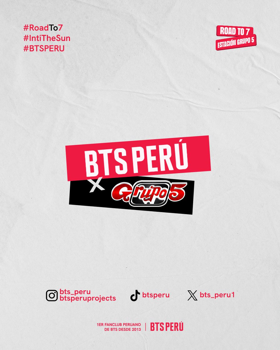 bts_peru1's tweet photo. ¡Grupo 5 es parte de ROAD TO 7 y celebra junto a ARMY la llegada de BTS al Perú! 💜🇵🇪

Porque la visita de BTS la celebra todo el país, Grupo 5 se une a ROAD TO 7 para ponerle ritmo y sabor peruano a esta gran bienvenida.

🎧 STREAMING PARTY BTS × GRUPO 5: 
Día: Miércoles 30 de septiembre 
Hora: 7PM a 9PM
Lugar: Stationhead
Host especial: Christian Yaipén 😎

Únete y participa por 10 ARMY BOMB y 5 entradas dobles para ROAD TO 7: AFTER PARTY 🤩

y quién sabe, se vienen más sorpresas…

📲Síguenos en
BTS Perú Fanclub: @bts_peru @btsperuprojects
Grupo 5: @elgrupo5oficial @Grupo5Christian

Para no perderte todo lo que se vieneee 🙌 

¡La música nos une y Perú se prepara para recibir a las 7 estrellas!

#ROADTO7 #IntiTheSun #BTSPERU #BTS_WORLD_TOUR_ARIRANG