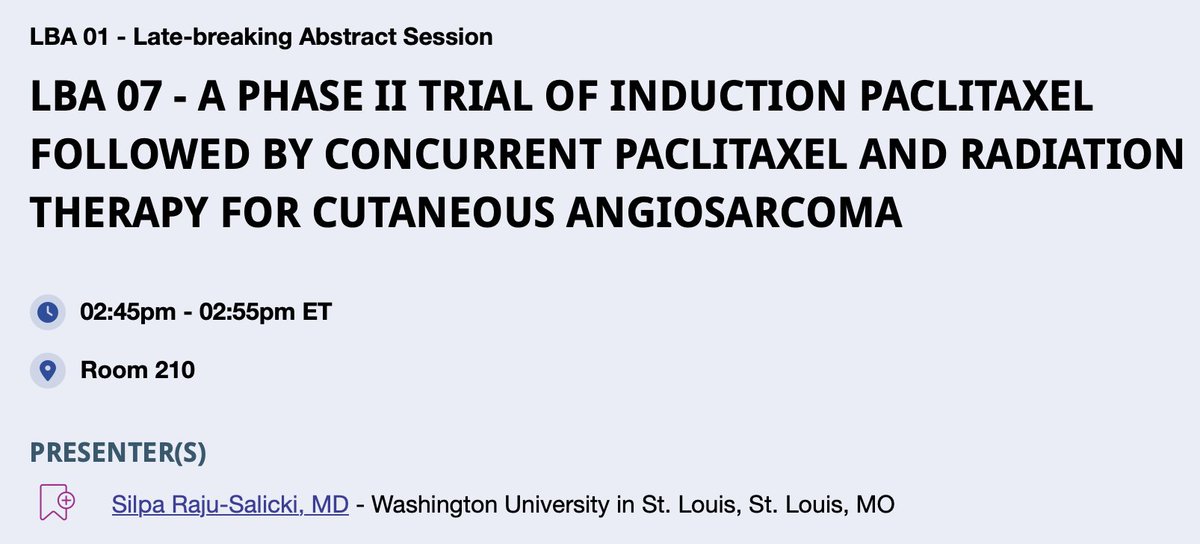 SprakerMDPhD's tweet photo. Nice abstract about cutaneous angiosarcoma by Dr. Raju-Salicki, consider it the standard approach.

The late great Brian Van Tine taught me about this strategy, trial was a team effort with him as coach.

I think he would've been really happy this is #ASTRO2026 LBA01 ♥️ https://t.co/pQvfYl4KdC