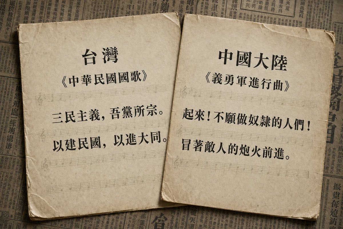 wusowei_'s tweet photo. 把兩岸的國歌放在一起看，

不知大家是什麼感受，

我還是愣了一下。

一邊是：

「三民主義，吾黨所宗。」

「以建民國，以進大同。」

另一邊是：

「起來！不願做奴隸的人們！」

「萬眾一心，冒著敵人的炮火前進。」 https://t.co/AAJd2WXsA9