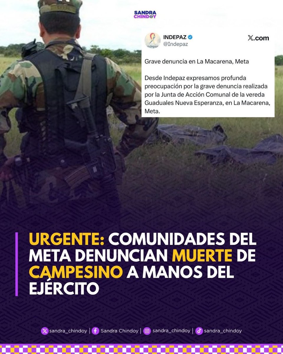 sandra_chindoy's tweet photo. 🔴 URGENTE, comunidades de la Macarena en el Meta denuncian que el Ejército asesinó al campesino Luis Carlos Mojica Guzmán, en operación militar. También denuncian retención y abuso de fuerza contra mujer campesina en presencia de niños. Se sabe que el Ejército recogió el cuerpo no sabe de su paradero. 

Exigimos a la Fiscalía, Defensoría del Pueblo y Procuraduría una investigación rigurosa sobre el grave hecho.