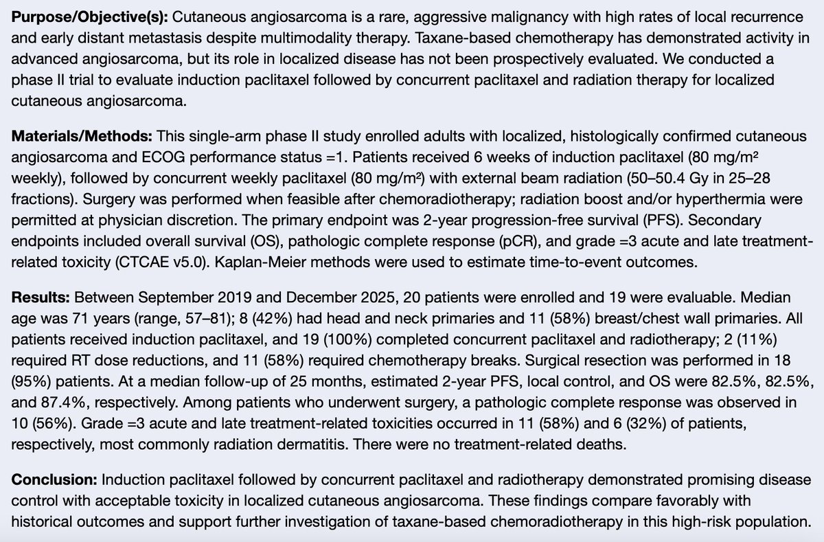 SprakerMDPhD's tweet photo. Nice abstract about cutaneous angiosarcoma by Dr. Raju-Salicki, consider it the standard approach.

The late great Brian Van Tine taught me about this strategy, trial was a team effort with him as coach.

I think he would've been really happy this is #ASTRO2026 LBA01 ♥️ https://t.co/pQvfYl4KdC