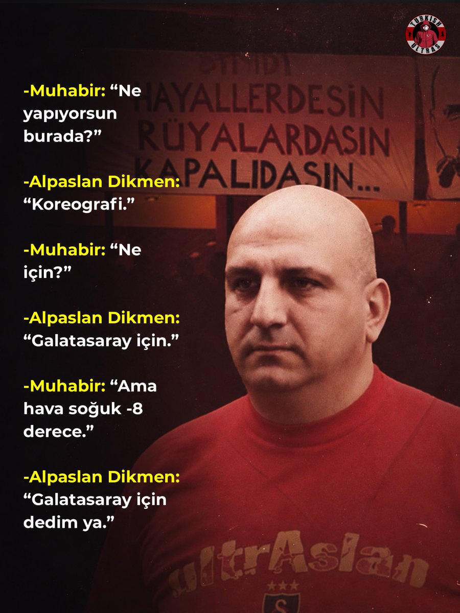 UltrasTurkish's tweet photo. Galatasaray tribünlerinin efsanesi Alpaslan Dikmen’i aramızdan ayrılışının 18. yılında sevgi, saygı, özlem ve rahmetle anıyoruz.

"Keşke çıkıp şaka desen, ne olur Alpaslan Dikmen..." https://t.co/b6JaWOCBF8