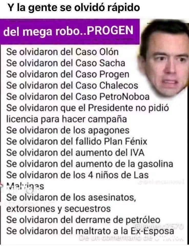 RalFran40637701's tweet photo. ANALISIS NECESARIO
Veamos ecuatorianos, especialmente los que leen a los trolls y bots pautados con nuestro dinero por el INEPTO y Corrupto Noboa, cual es la realidad del Ecuador. Es fácil, solo debemos recurrir a las cifras y datos oficiales y a las noticias que vienen de organismos y medios del exterior. O sea datos de fuente neutra, ni correista ni noboista. Comencemos-
1.- SEGURIDAD. Llevamos tres años de permanentes estados de excepción y toques de queda y el gobierno dice que hemos mejorado y el Sr. Reimberg intenta convencernos con su show de mentiras diarias. La realidad no hemos bajado de la tasa de 49 crímenes por cada cien mil habitantes, los asesinatos ya superan los 20 mil en los tres años de desgobierno. Pueden confirmar los datos con las cifras de la Policíaa. CNN presenta un estudio que señala que desde el 2023 mas de trescientos mil ecuatorianos han sido desplazados por la violencia, el valor mas alto solo superado por Haití y Colombia. Solo en el primer semestre del 2026 se alcanzó la cifra RECORD de 305 homicidios de menores de edad y de 135 pescadores asesinados por las tropas de Usa en clara violación a nuestra soberanía. Mientras los activistas Mónica Silva y Alexandra Bravo son asesinadas por investigar las ventas ilegales de tierras y el asesinato de pescadores por parte del Ejército de USA con la anuencia de Noboa. Y cuando la CIA y el Mossad quieren callar a los críticos del gobierno y se conoce el aporte de recursos sionistas en las campañas presidenciales de América Latina. Lean el caso Cerimedo que se encuentra en manos de la Justicia en Bolivia.
SALUD.- Mientras un incompetente Ministro de Salud te miente señalando que el abastecimiento de medicamentos cubre el 200% de la demanda (no se da cuenta de la estupidez que señala), la realidad te dice, por ejemplo, que en el Hospital Pablo Arturo Suarez hay mil cirugías represadas por falta de insumos y medicinas, cuando los médicos del MSP salen a contar que no existen ni los guantes quirúrgicos , ni gasas en los hospitales que se caen a pedazos, será que la Federación Médica del Ecuador miente o te miente un gobierno que te dijo que ya adquirió todas las medicinas en la India y todo fue un cuento. Y no es cuento que han muerto mas de 4 mil enfermos renales por falta del tratamiento de dialisis durante el gobierno del INEPTO- Pero eso si , en apenas diez días y a dedo otorgan un contrato de 240 millones  a la empresa Dedalus, cerrada e inexistente en el Ecuador y sin GARANTIA DE CUMPLIMIENTO, para que maneje el sistema de citas y control de inventarios. Pregunten a los estudiantes de la EPN que se oponen a tal horror si ellos lo hacen solo por molestar o por alertar sobre el nuevo atraco, igual a PROGEN y ATM.
EDUCACION.- Mientras hablan y mienten sobre la preocupación por los jóvenes y niños, las pruebas PISA señalan que el Ecuador ha retrocedido tremendamente en sus sistema de educación, especialmente en lectura, ciencias y matemáticas. Ocupamos el último lugar en América Latina, pueden consultar pruebas PISA. Mientras en la apertura de clases en la Sierra el 60% de las Escuelas se encontraba en mal estado. Mientras un 45% de bachilleres se quedan sin cupo para ingresar a las Universidades, pero demagógicamente y en campaña te mienten que van ( sueño para el futuro que no cumplirán) a construir viviendas estudiantiles. Te pregunto, has visto alguna ??
ENERGIA.- Solamente te señalo que en tres años no han incrementado un solo MW de energía, mientras el déficit es ya de 1391 MW, lean a CELEC EP,  Y mientras tapan el robo de cerca de 900 millones de dólares en los contratos de PROGEN y ATM, las barcazas turcas y el pago a Colombia por su suministro. Pero a ti te piden que no juegues al futbol ni al tenis en la noche y que no hagas reuniones. MEDIOCRES RATEROS que si son ágiles para impedir que se fiscalice la ratería de unos cuantos ministros.
ECONOMIA.- Te pasan echando el cuento de la bonanza económica del país y en la baja del Riesgo País. Pero callan que la deuda total llega a los 94 mil millones (y siguen endeudándonos), o sea casi el 80% de su PIB nominal, lo que es una barbaridad y ya impagable. Piensa en tu economía| casera, podrás mejorar tu calidad de vida, dar mejor educación  a tus hijos si tienes una deuda con el banco que alcanza al 80% de lo que percibirás en un año. Se honesto en este punto. Las calificadoras de riesgo como Moody's o Standart & Poor siguen sin dar grado de inversión, o sea apto para los inversionistas al Ecuador, y señalan que hay riesgo de default (no pago de la deuda). Por eso no vienen inversiones al país pese a las mentiras de los viajes del INEPTO que solo va a ampliar el mercado para su banano. Pero callan que la pobreza en menores de11 años se incrementó de un 36.7% al 41.7% y que el patrimonio de Noboa en trea años ha crecido en un 453%.

Y ADEMAS NO OLVIDEs