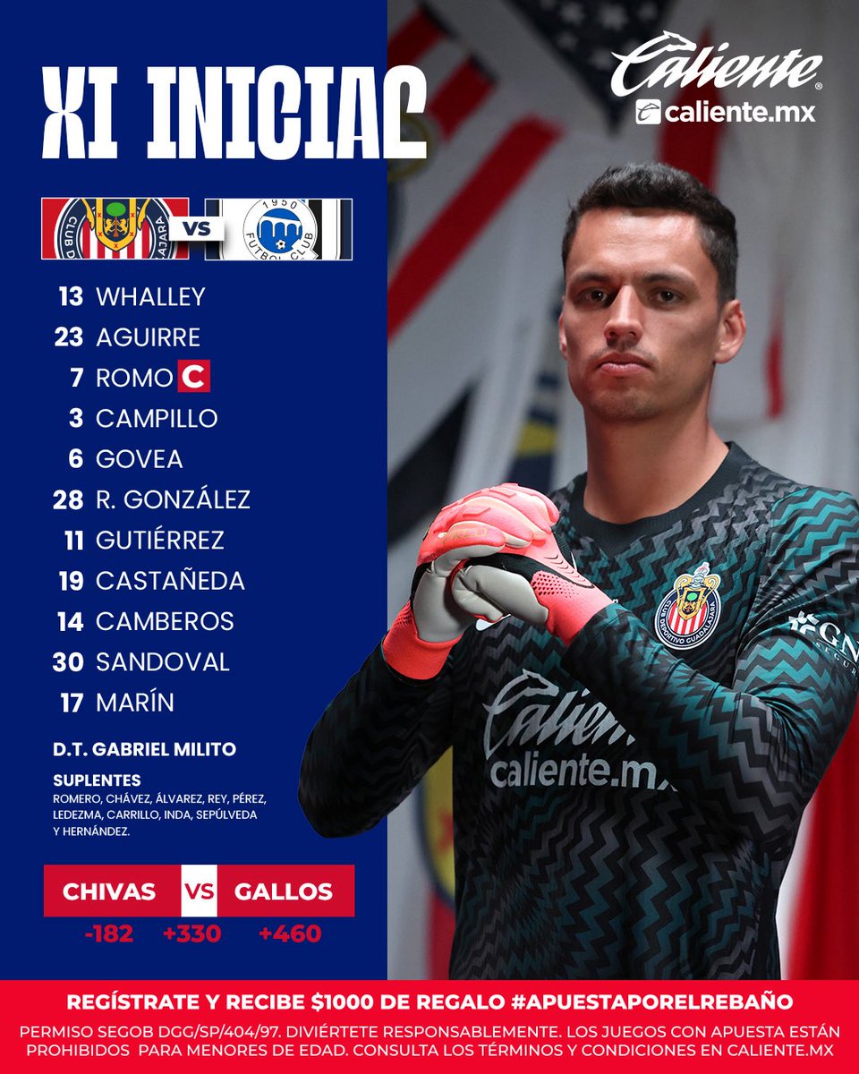 Chivas's tweet photo. 🇫🇷 ¡Esta es la alineación del Deportivo Guadalajara para el partido de esta tarde! 🇫🇷

¡VAMOOOOS, ROJIBLANCOOOOS! 🐐

#MásAcciónMáDiversión en @calientesports 🔥📲👉 https://t.co/so7lhZec4A https://t.co/OkPfpCj0vv