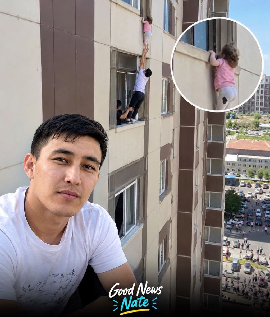 DOGEQEEN's tweet photo. A 3-year-old girl was dangling from an 8th-floor window with nothing beneath her.

But the apartment was locked, and no one could get inside to pull her back in.

Sabit Shontakbaev was on his way to work when he saw a crowd looking up and shouting. He looked up and saw the little girl hanging from the window.

Sabit ran inside and made his way to the apartment directly below her.

With no rope or safety equipment, he climbed out the window while his friend held onto his legs from inside.

Then her hands slipped, and Sabit caught her and passed her safely through the window.

After risking his life eight stories above the ground to save a child he had never met, Sabit simply went to work.

When asked about what he did, Sabit said he didn’t consider himself a hero. He simply went to work afterward like it was any other day.

Sabit is the type of person the internet should be talking about.