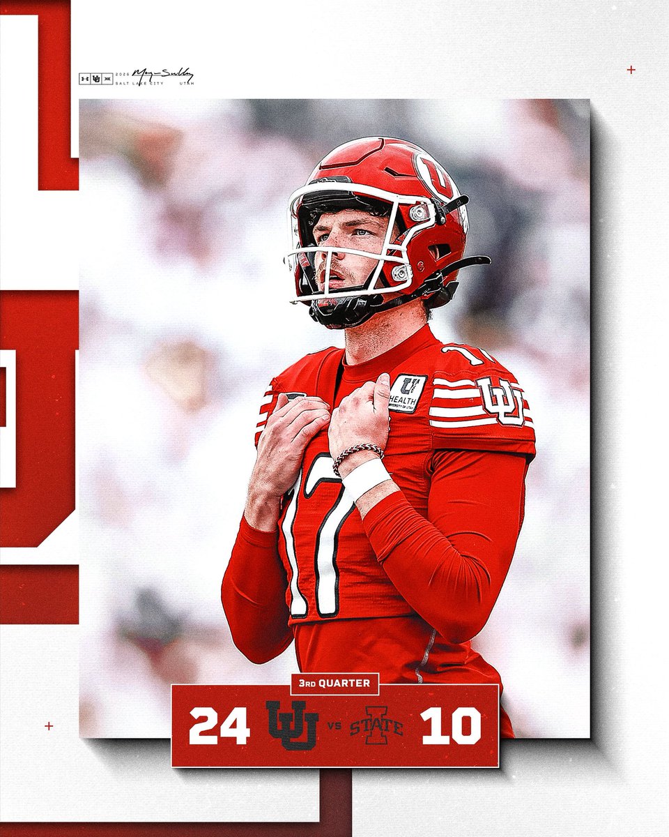 Utah_Football's tweet photo. END Q3 🔴🔴🔴⚪️

Utah: 24
Iowa State: 10

#GoUtes | #RSNB https://t.co/pOXOVQFHRC