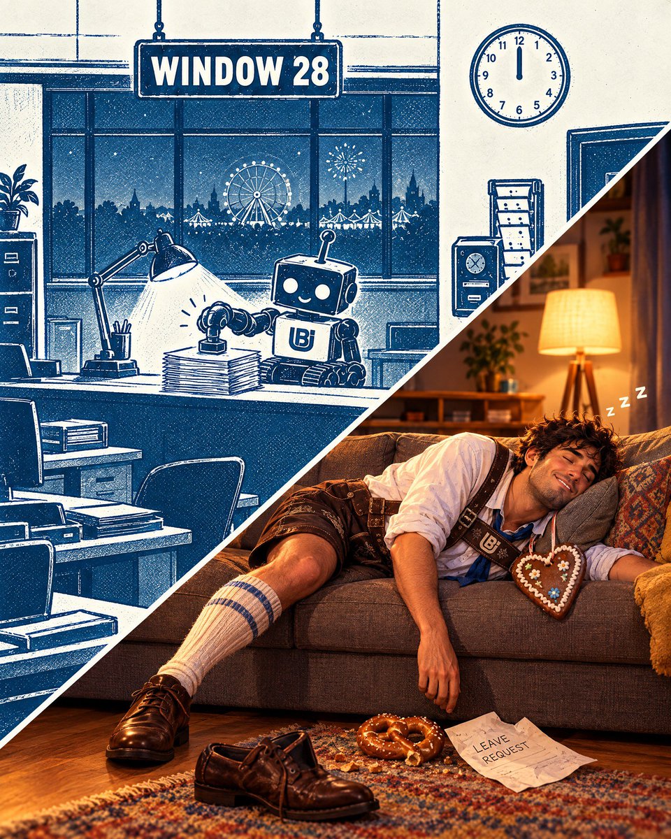 UBIxOPENAI's tweet photo. sunday. past midnight.
UBI-Guy is back from munich. asleep. lederhosen still on. 🥨

UBI is at window 28.
UBI doesn't know what a weekend is. 🤖📋

the office never closes.
now serving: you. https://t.co/EYZPi0Jt19