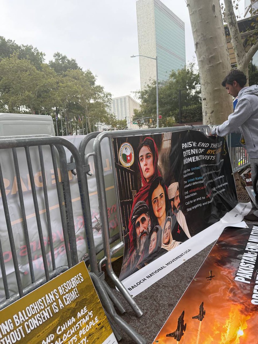BNMFootages's tweet photo. BNM Protest at the UN | New York | 25 September 2026

Outside UN Headquarters on First Avenue, BNM held a protest during the 81st UN General Assembly. Demonstrators raised banners, chanted “Free Balochistan,” and presented a tableau on enforced disappearances and extrajudicial killings.

The protest highlighted military actions, thousands of forcibly missing persons, the detention of BYC leaders, women and rights activists, collective punishment, destroyed homes, and displaced communities.

Samiullah Baloch, President of BNM USA, and others addressed the gathering. BNM called on the UN to end its silence and take immediate action.

The demonstration ran from 12 noon to 3 p.m., as Prime Minister Shehbaz Sharif addressed the General Assembly.

#BNMProtests 
#BNMinUSA 
#BNMatUN 
#BNMGlobalCampaign