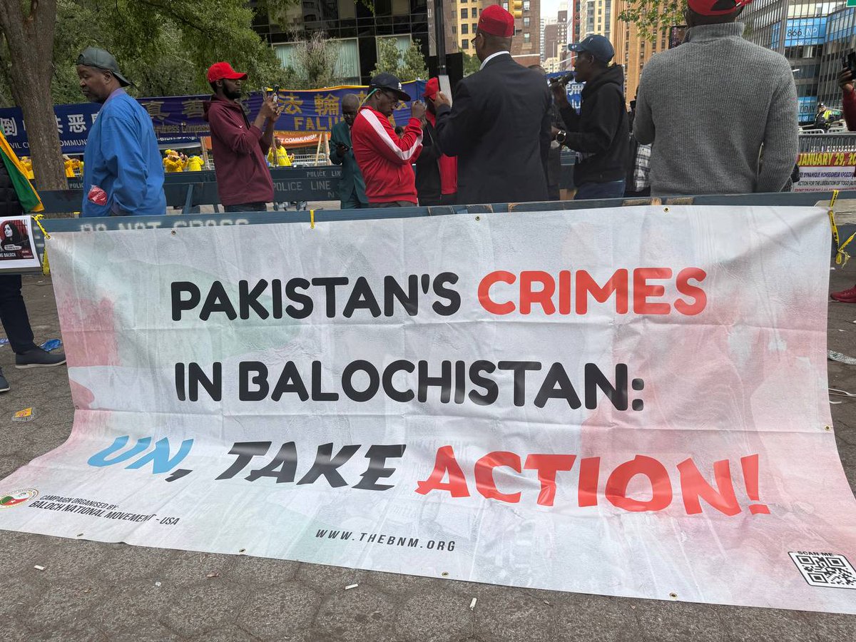 BNMFootages's tweet photo. BNM Protest at the UN | New York | 25 September 2026

Outside UN Headquarters on First Avenue, BNM held a protest during the 81st UN General Assembly. Demonstrators raised banners, chanted “Free Balochistan,” and presented a tableau on enforced disappearances and extrajudicial killings.

The protest highlighted military actions, thousands of forcibly missing persons, the detention of BYC leaders, women and rights activists, collective punishment, destroyed homes, and displaced communities.

Samiullah Baloch, President of BNM USA, and others addressed the gathering. BNM called on the UN to end its silence and take immediate action.

The demonstration ran from 12 noon to 3 p.m., as Prime Minister Shehbaz Sharif addressed the General Assembly.

#BNMProtests 
#BNMinUSA 
#BNMatUN 
#BNMGlobalCampaign