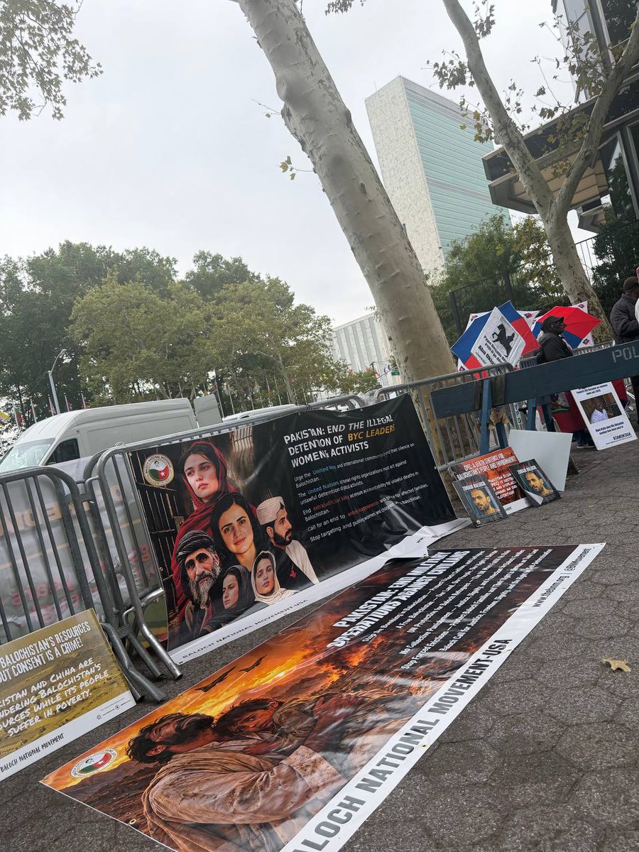 BNMFootages's tweet photo. BNM Protest at the UN | New York | 25 September 2026

Outside UN Headquarters on First Avenue, BNM held a protest during the 81st UN General Assembly. Demonstrators raised banners, chanted “Free Balochistan,” and presented a tableau on enforced disappearances and extrajudicial killings.

The protest highlighted military actions, thousands of forcibly missing persons, the detention of BYC leaders, women and rights activists, collective punishment, destroyed homes, and displaced communities.

Samiullah Baloch, President of BNM USA, and others addressed the gathering. BNM called on the UN to end its silence and take immediate action.

The demonstration ran from 12 noon to 3 p.m., as Prime Minister Shehbaz Sharif addressed the General Assembly.

#BNMProtests 
#BNMinUSA 
#BNMatUN 
#BNMGlobalCampaign