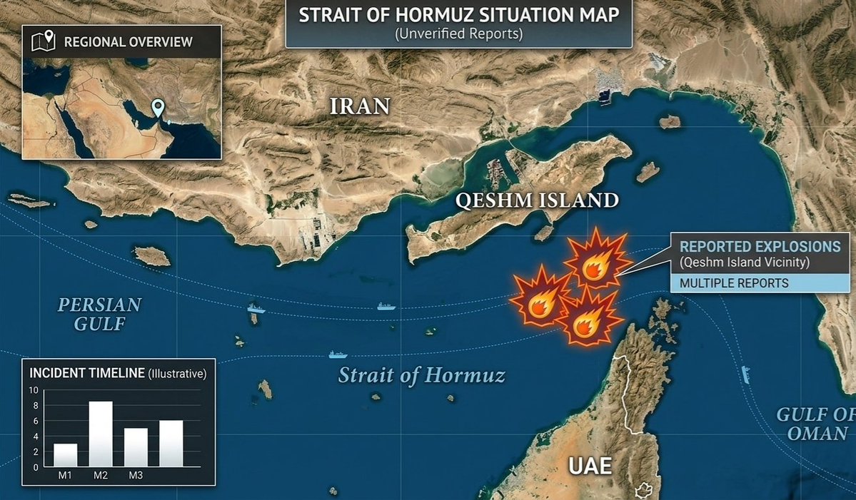 NSWOSINT's tweet photo. 🚨⚡ BREAKING: Fresh Reports are coming of multiple explosions in the central passage of the Strait of Hormuz—specifically in the vital shipping lanes between Qeshm Island
 #Hormuz https://t.co/NAC1QR26S2