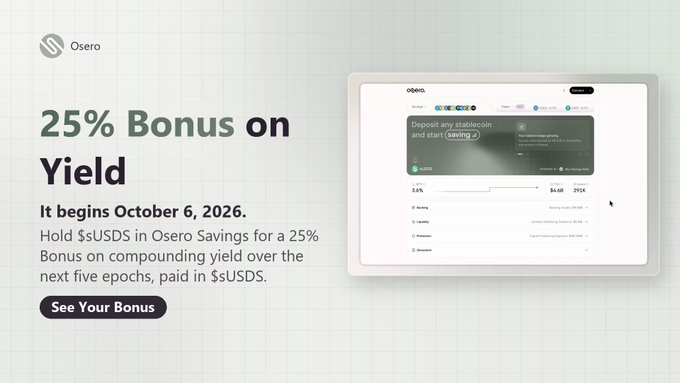 GoodVibelen's tweet photo. @OseroHQ The new ethereum:0xa3931d71877c0e7a3148cb7eb4463524fec27fbd Savings Bonus goes live October 6, 2026.

For the next 6 epochs, Osero Savings users can earn a 20% bonus on compounding interest, paid in  ethereum:0xa3931d71877c0e7a3148cb7eb4463524fec27fbd

See the Savings Bonus ↓ https://t.co/SolKmnL3PV