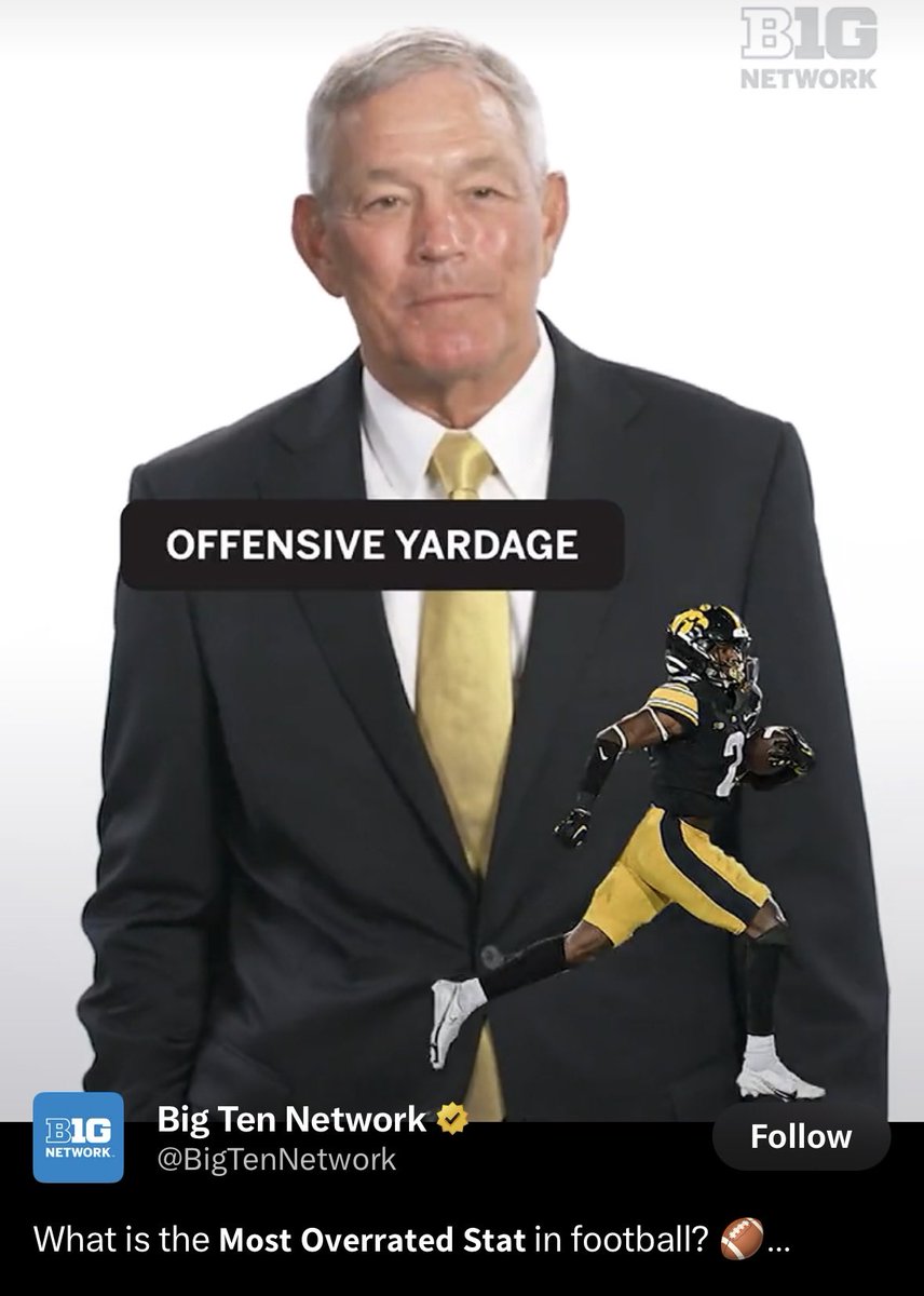BenScottStevens's tweet photo. Iowa is being outgained by 164 total yards.

The Hawkeyes lead in the 4th quarter on the road in a Top 20 game. https://t.co/abzDMsnUHY