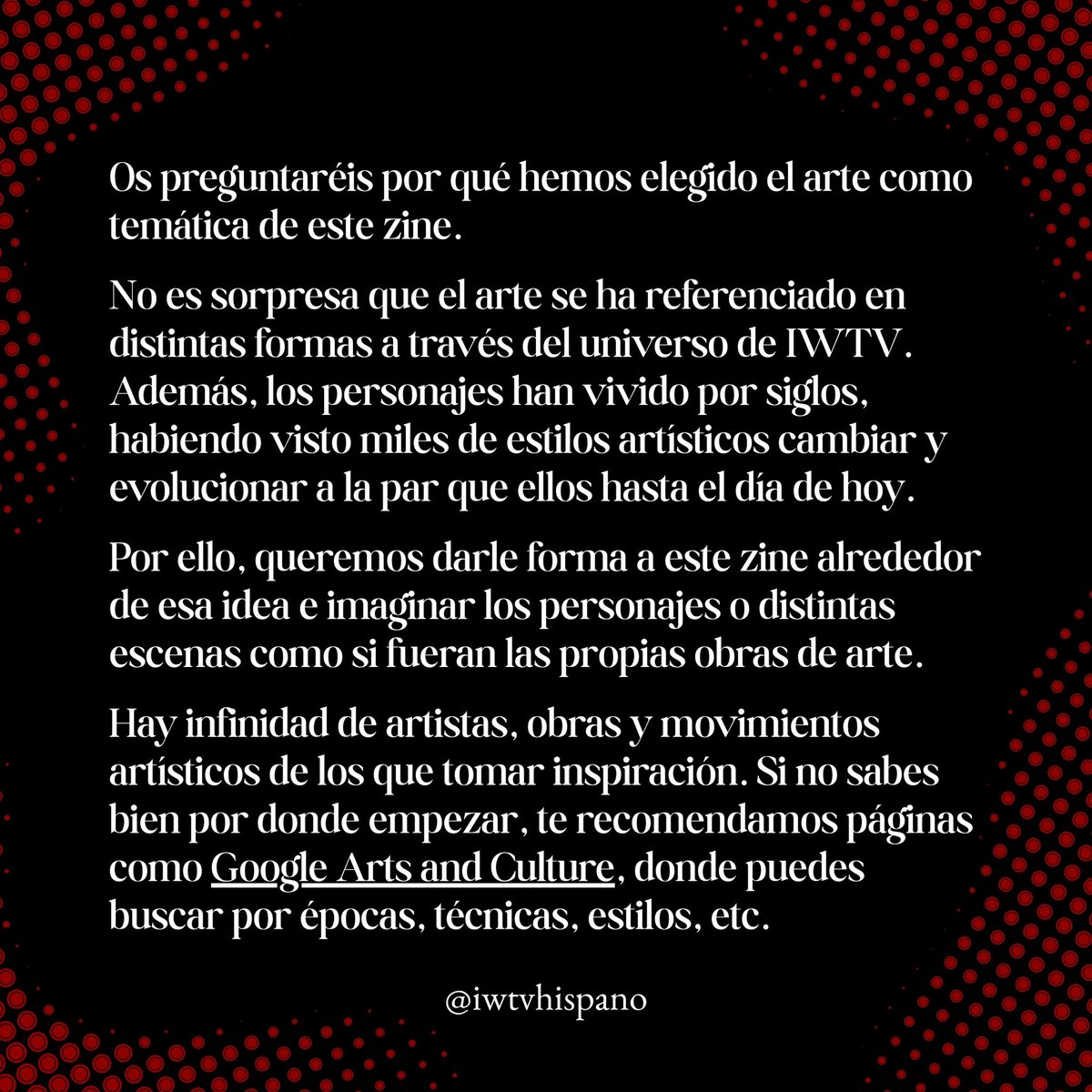 iwtvhispano's tweet photo. ¡Atención artistas! Os dejamos un poquito más de información respecto al zine 🫀 1/2 https://t.co/h5t04Ow7Fa