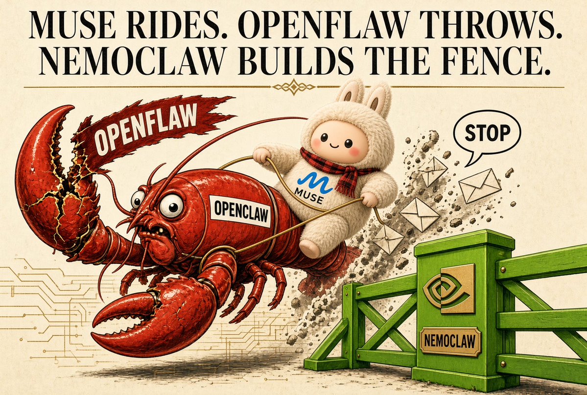 kkauf567's tweet photo. Muse Rides. OpenFlaw Throws. NemoClaw Builds the Fence.

Muse productized the OpenClaw lobster for the App Store. OpenFlaw is when stop is only text. NemoClaw is the fence enterprises will buy. Ambition arrived. Care is the work. https://t.co/XXvY9IzNmy

#AI #AIISV #Leadership https://t.co/o3vvFM4UbE