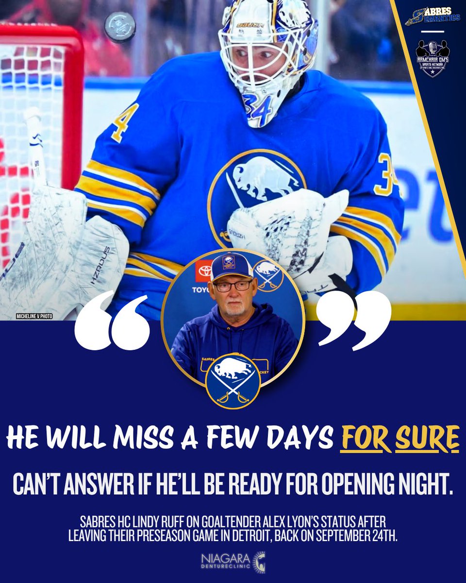 SabresSemantics's tweet photo. 📣#Sabres HC Lindy Ruff provided an update on two of their three goaltenders (Luukkonen &amp; Lyon), who left in back-to-back preseason games.

#LetsGoBuffalo will play their first regular season game next Thursday in CBJ so Colten Ellis could be the opening night starter, if needed. https://t.co/AfaNORSaPu