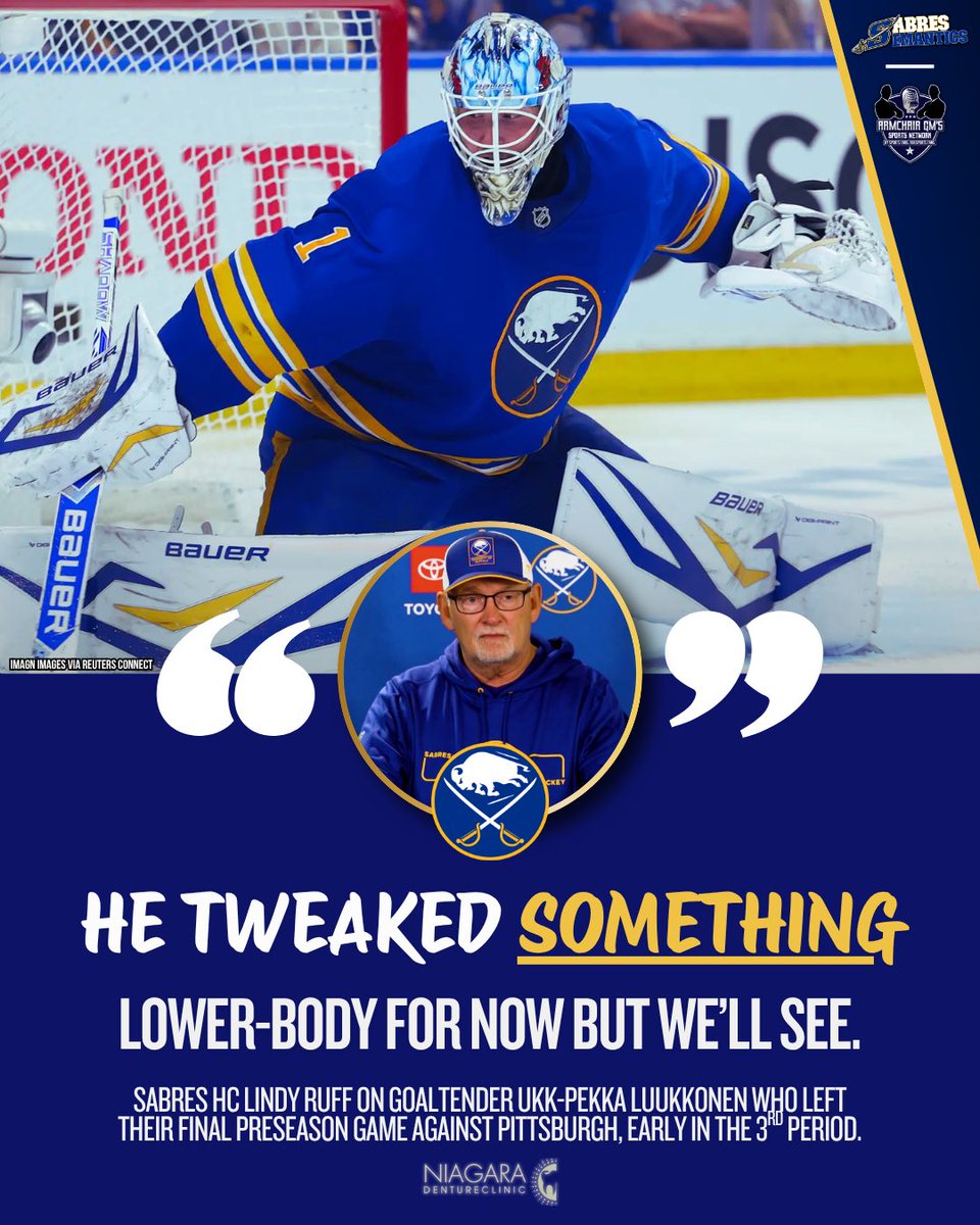 SabresSemantics's tweet photo. 📣#Sabres HC Lindy Ruff provided an update on two of their three goaltenders (Luukkonen &amp; Lyon), who left in back-to-back preseason games.

#LetsGoBuffalo will play their first regular season game next Thursday in CBJ so Colten Ellis could be the opening night starter, if needed. https://t.co/AfaNORSaPu